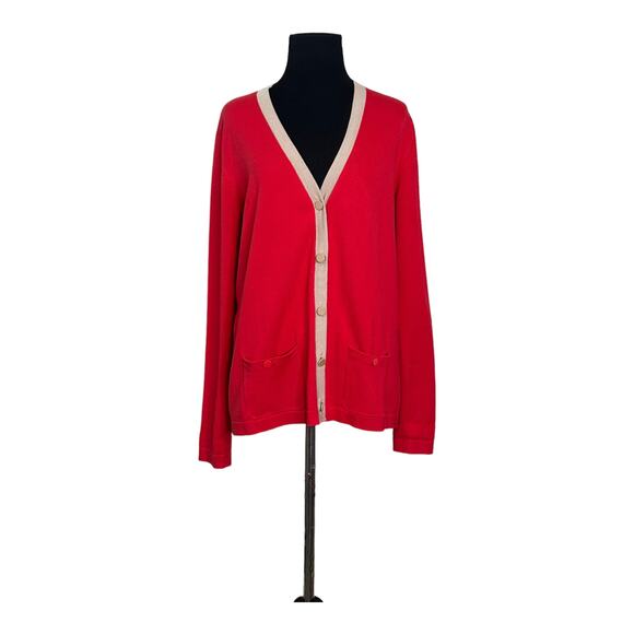 Jones New York red cream trim long sleeves buttoned cardigan size M - Picture 8 of 10